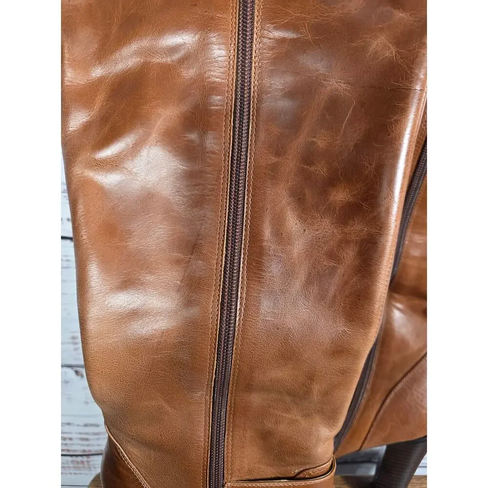 LOFT Women's Tall Brown Leather Riding Boots Size 10 Buckle Zip Knee High